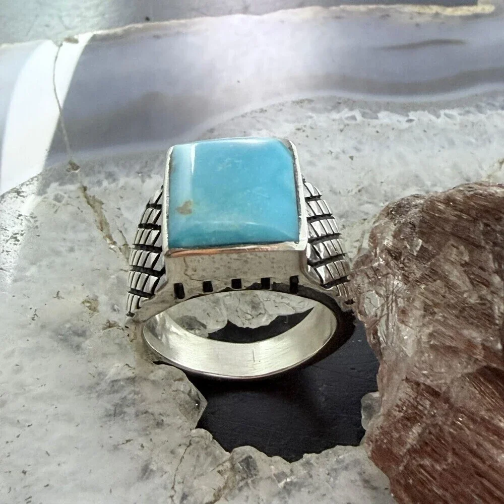 Native American Sterling Rectangle Kingman Turquoise Decorated Ring S 10 For Men